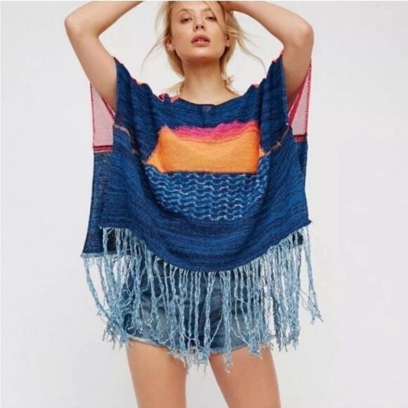 Free People Sweaters - FREE PEOPLE RARE Boho Sunset Knit Rainbow Fringe Trim Poncho Sweater XS